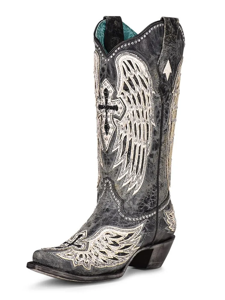 Women's Black Cross And Wing Overlay with Studs By Corral A4232