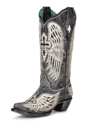 Women's Black Cross And Wing Overlay with Studs By Corral A4232