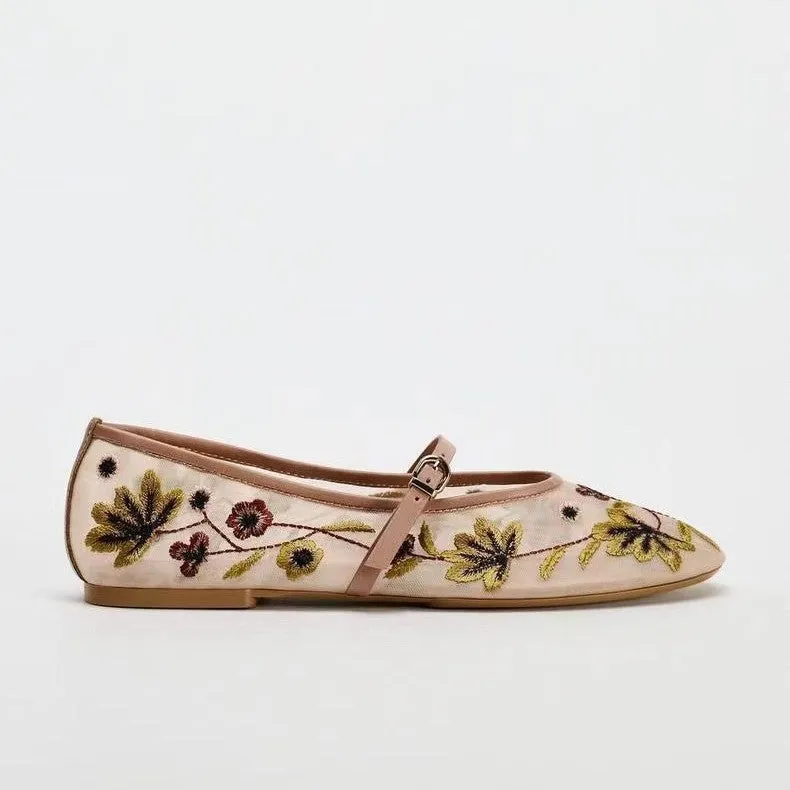 ZA 2024 Autumn New Women's Shoes: Fashion Floral Embroidery Mesh Ballet Flats