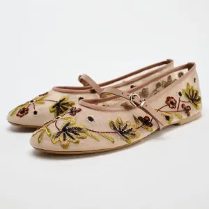 ZA 2024 Autumn New Women's Shoes: Fashion Floral Embroidery Mesh Ballet Flats