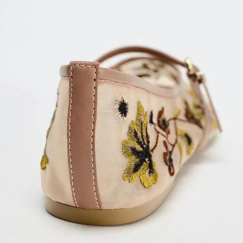 ZA 2024 Autumn New Women's Shoes: Fashion Floral Embroidery Mesh Ballet Flats
