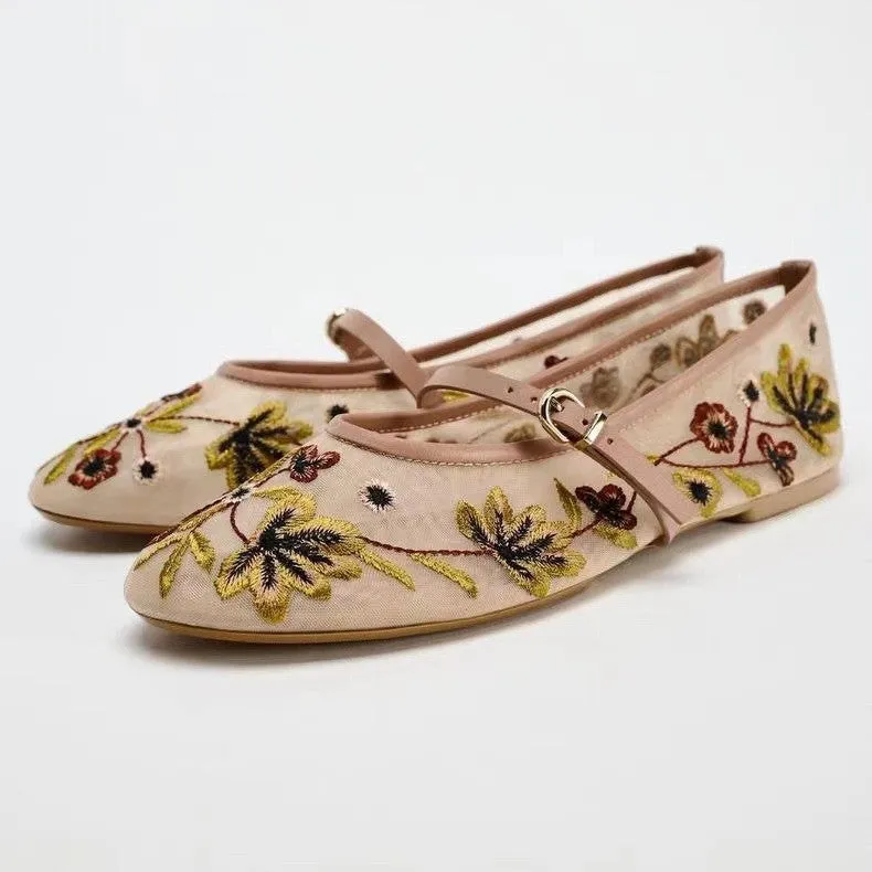 ZA 2024 Autumn New Women's Shoes: Fashion Floral Embroidery Mesh Ballet Flats