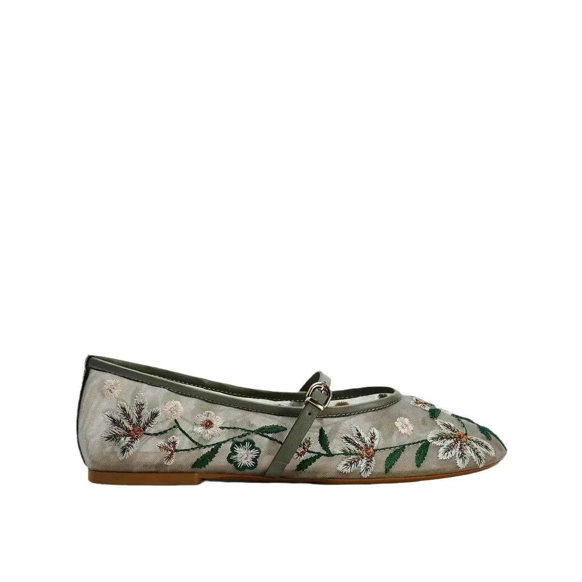 ZA 2024 Autumn New Women's Shoes: Fashion Floral Embroidery Mesh Ballet Flats