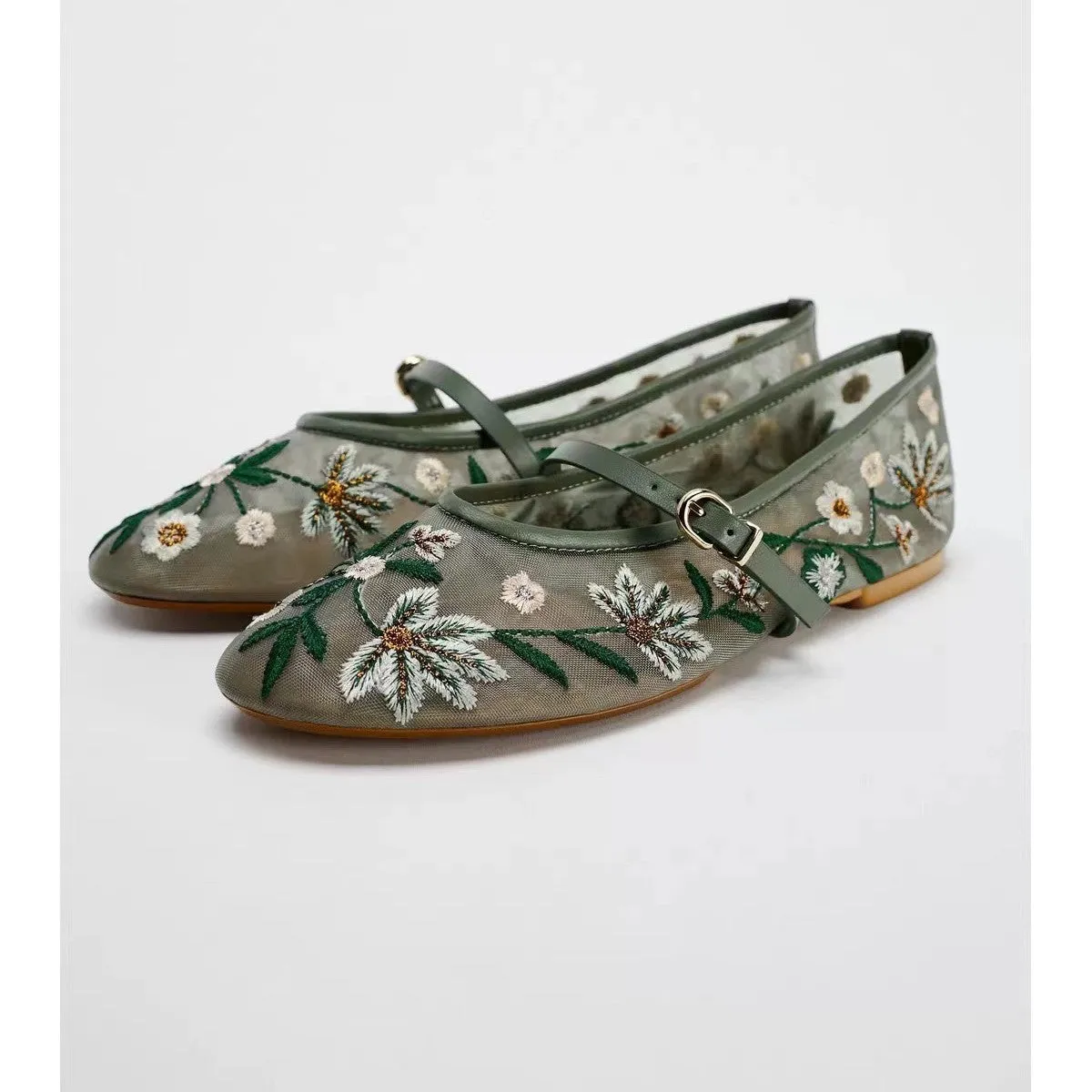 ZA 2024 Autumn New Women's Shoes: Fashion Floral Embroidery Mesh Ballet Flats