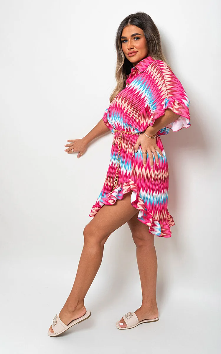 Zigzag Print Pleated Button Up Shirt Dress