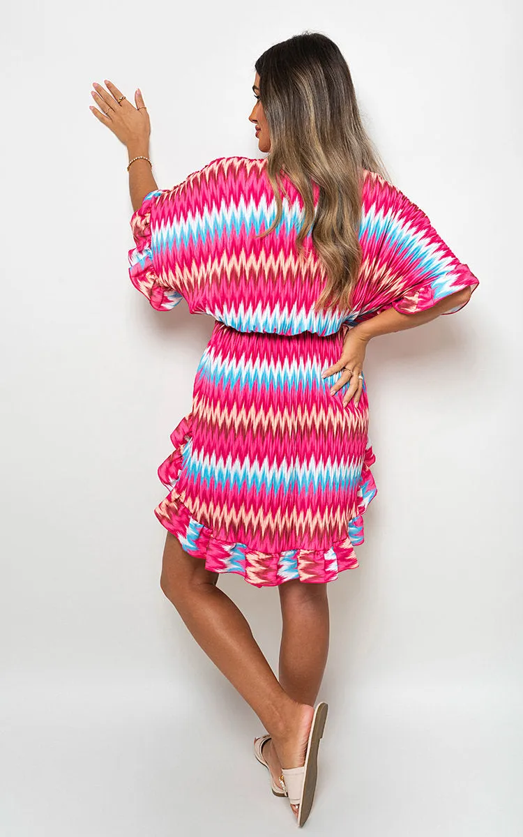 Zigzag Print Pleated Button Up Shirt Dress